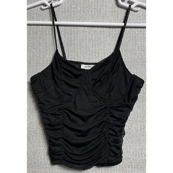 Black Y2K Mesh Ruched Bustier Blouse Spaghetti Strap Stretch XL - Picture 1 of 9